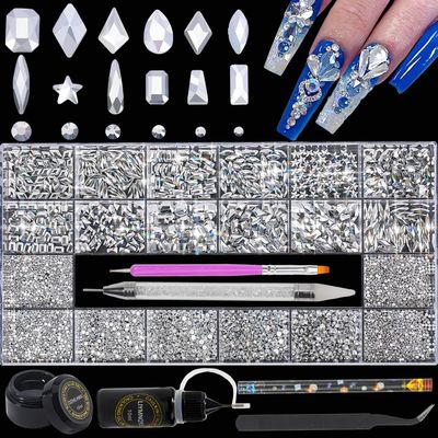 DZHILHMX Nail Rhinestones - 4300pcs Mine Silver, Multiple Shape Gems, Flat Back Rhinestones, with Kit and Glue Gel, for Nail Art
