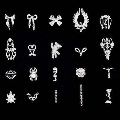 100pcs Silver 3D Nail Charms Bear Bows Angle Wings Spike Different 20 Designs Mix for Long and Short Nail Decoration Acrylic Nails Art Supplies