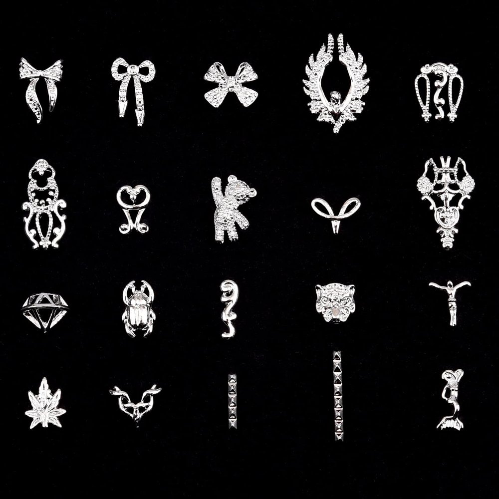 100pcs Silver 3D Nail Charms Bear Bows Angle Wings Spike Different 20 Designs Mix for Long and Short Nail Decoration Acrylic Nails Art Supplies