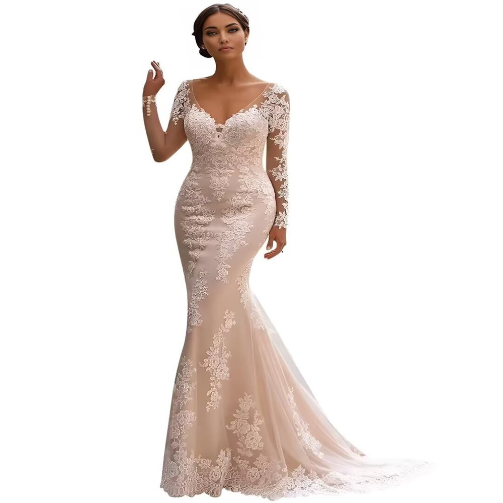 Long Sleeve Mermaid V Neck Wedding Dresses for Bride 2025 Long Train Princess Beach Bridal Gowns with Sleeves White 12