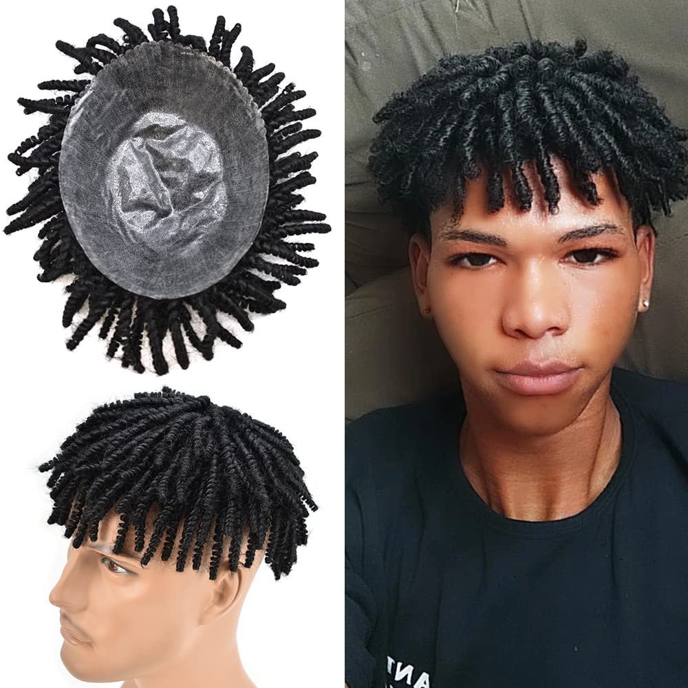 Afro Curl Toupee For Black Men Kinky Curly Brazilian Human Hair Piece African American Afro Wavy Men Toupee Hairpieces Crochet Braid Mens Toupee For Men Full Poly Thin Skin Men Replacement System SINGA HAIR (8''X10'', 1# Jet Black,6MM Afro)