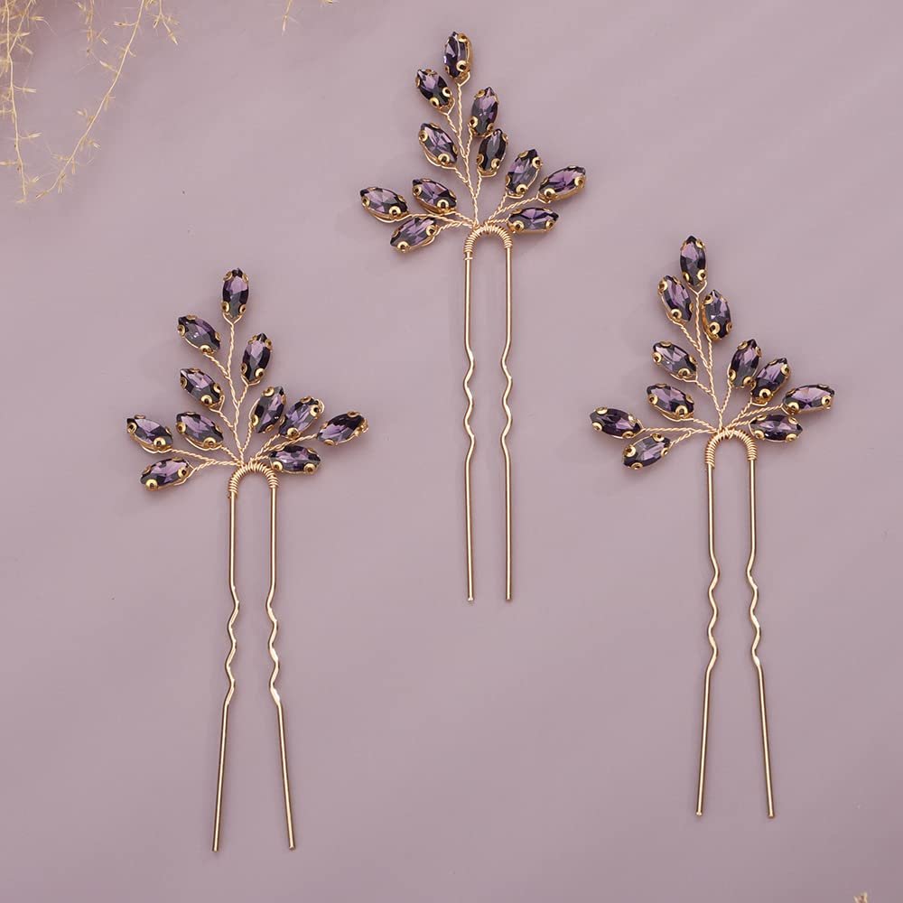 Chargances 3pcs Crystal Wedding Hair Pins Purple Rhinestone Bridal Hair Pins Handmade Bridal Hair Accessories for Women Girls Bridesmaids (Purple)