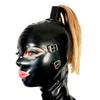 Black Latex Hood Mask with Blond Ponytail Wig and Removable Blindfold and Mouth Piece Back Zipper Open Eyes Mouth Nose (without wig(hollow hair tube), X-Large, with flat mouth piece) view 2
