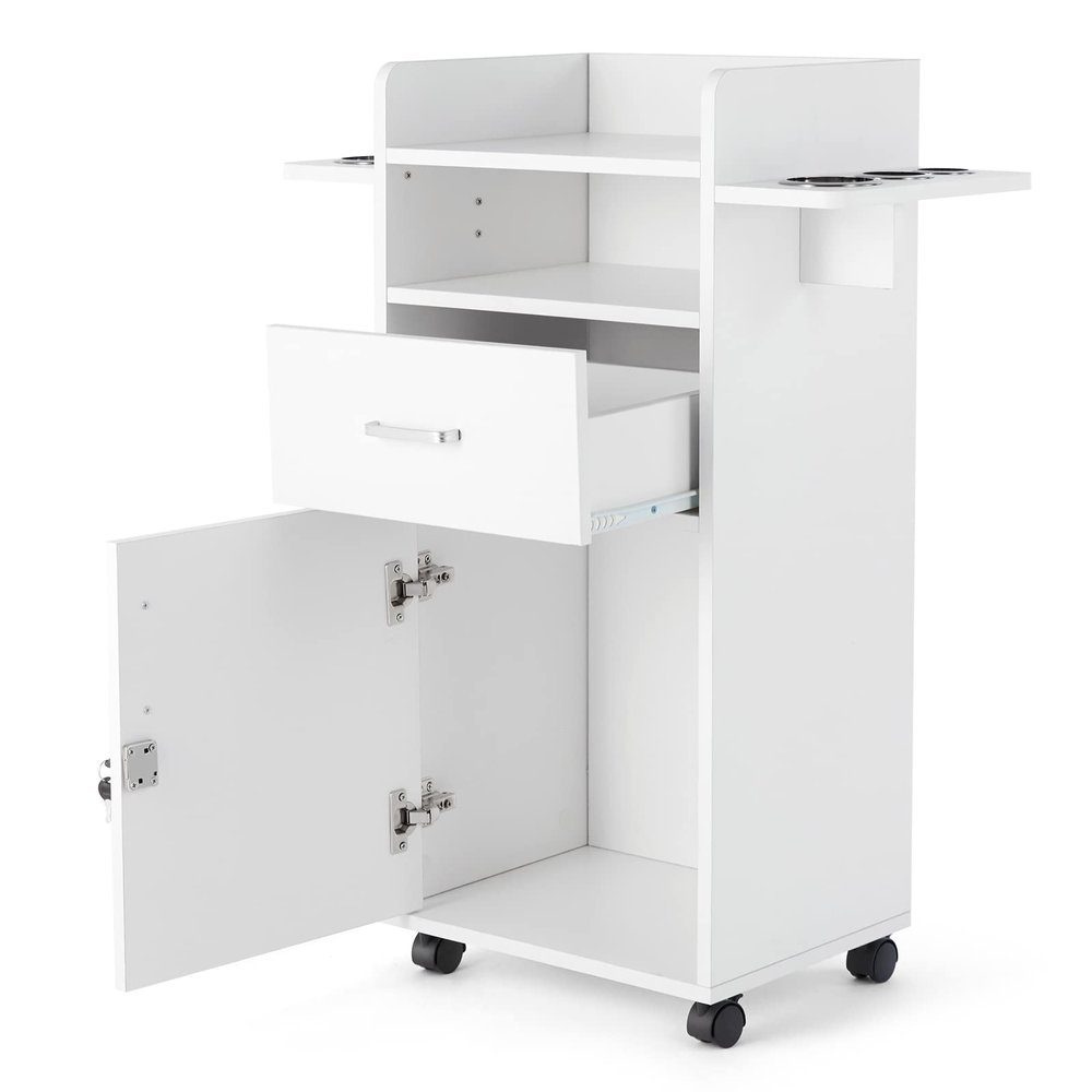 Artist Hand 6 Tool Salon Cabinet, White, 35.4"H x 15.7"W x 12.5"L, MDF Material, 360 Degree Fixed Pulley