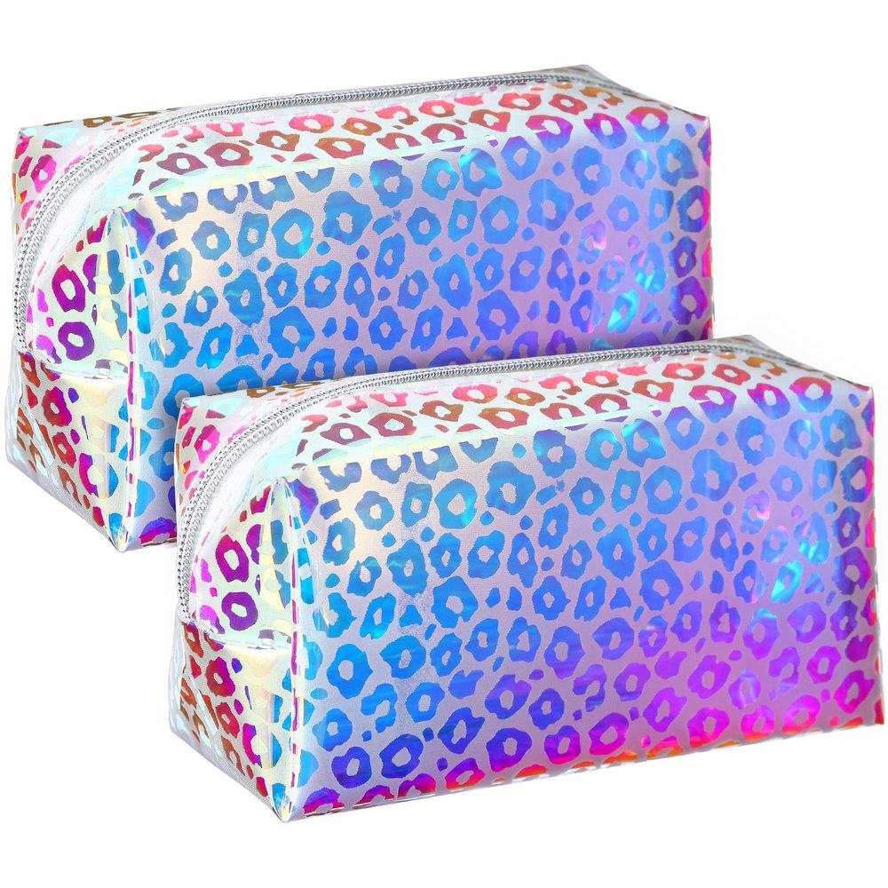 Boao 2 Pcs Clear Iridescent Holographic Makeup Bag Glitter Travel Cosmetic Pouches Toiletry Bag with Zipper Toiletry Organizer Case for Purse Diaper Beach Office Gift(Leopard)