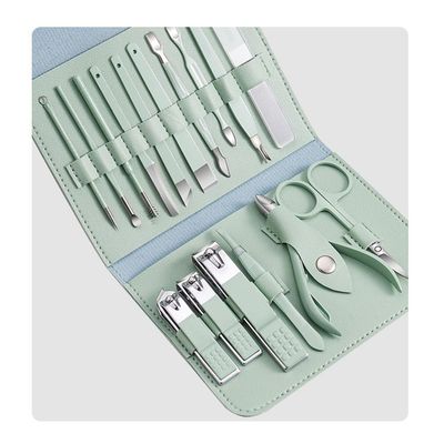 16pcs Manicure Set With PU Leather Case Nail Clippers Kit Pedicure Care Tools Nail Care Scissors Clippers Trimmer Nail Art Tools,New Green