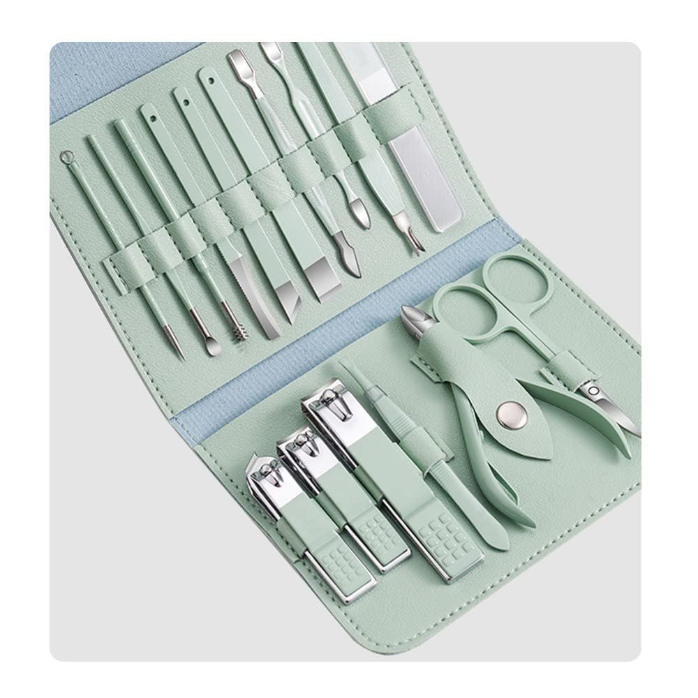 16pcs Manicure Set With PU Leather Case Nail Clippers Kit Pedicure Care Tools Nail Care Scissors Clippers Trimmer Nail Art Tools,New Green