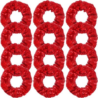12 Pcs Sequin Hair Scrunchies Hair Bobbles Metallic Elastics Ponytail Holders Hair Wrist Ties Bands Cloth Scrunchies for Show Gym Dance Party Club Girl Women (Red)