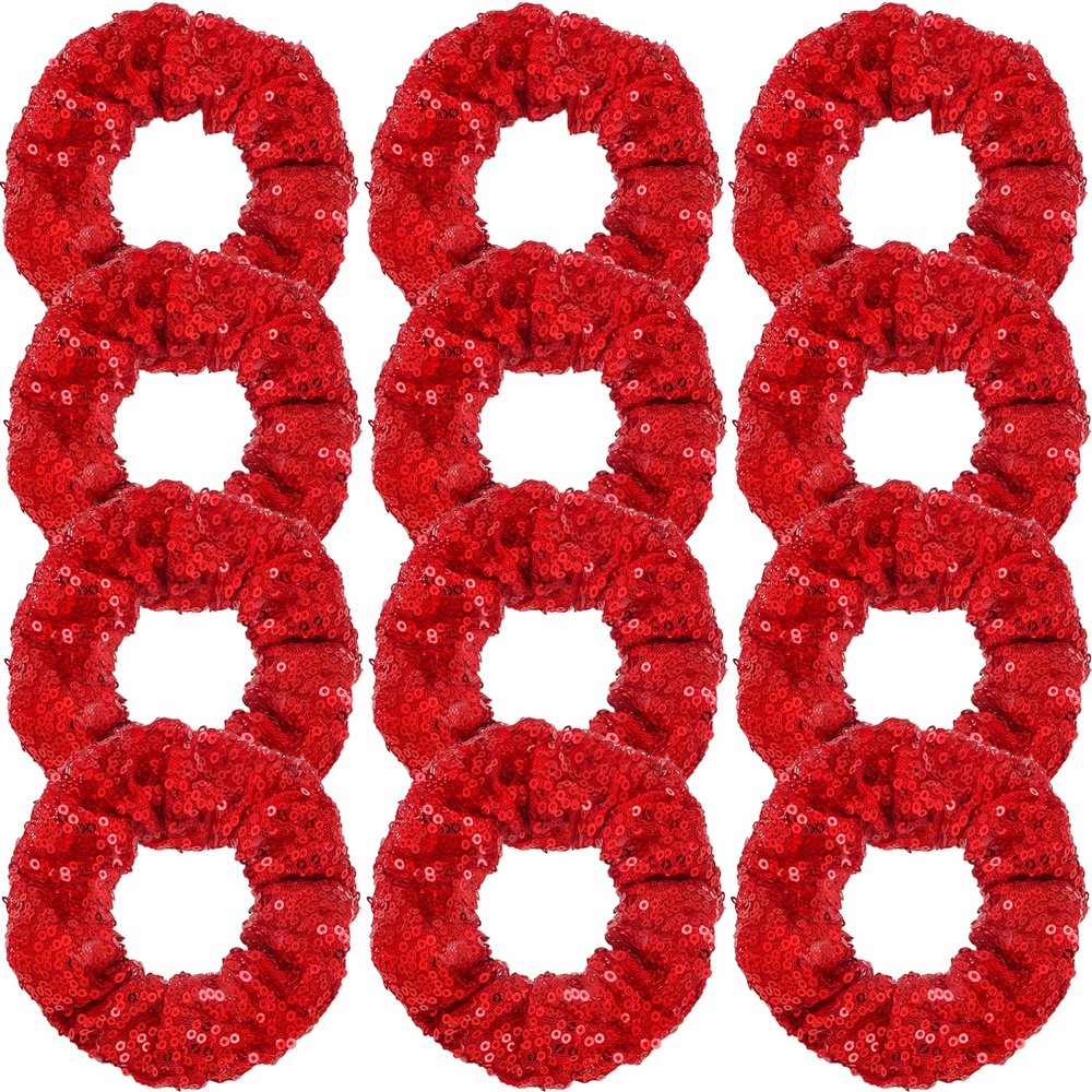 12 Pcs Sequin Hair Scrunchies Hair Bobbles Metallic Elastics Ponytail Holders Hair Wrist Ties Bands Cloth Scrunchies for Show Gym Dance Party Club Girl Women (Red)