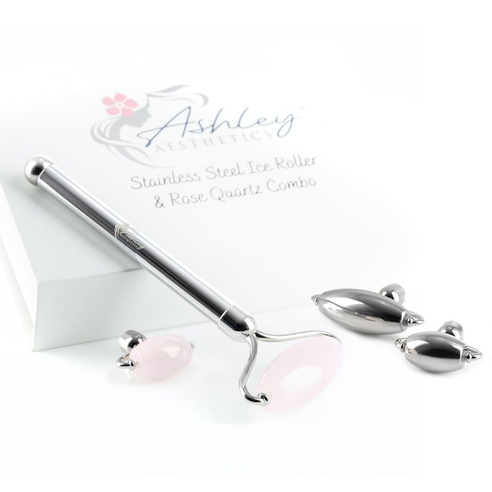 Ashley Aesthetics Stainless Steel Ice Roller & Rose Quartz Facial Set | Luxury Skin Care Tools for Lymphatic Drainage, Product Absorption, Skin Tightening, & Relaxation