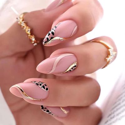 Vezocim Almond Shape Press-on Nails, 24Pcs Full Cover Reusable False Nails Kit, Acrylic Pink Glossy Finish, Leopard Print, French Style, Medium Length, W236