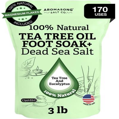Aromasong Tea Tree Foot Soak with Magnesium Flakes and Dead Sea Foot Soaking Salts - Pedicure Tea Tree oil foot Soak for Dry Cracked Feet-Athlete's Callus Remover- Eliminates Odor- Packaging may vary