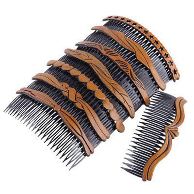 Lurrose 8pcs Wood Hairpins Comb Slip Size Inserted Plastic Insert Side for Bow Women Fork Clip Ladies Wire Teeth No Combs Styling Grain Pattern Leaf Girls French Accessories Star Heart