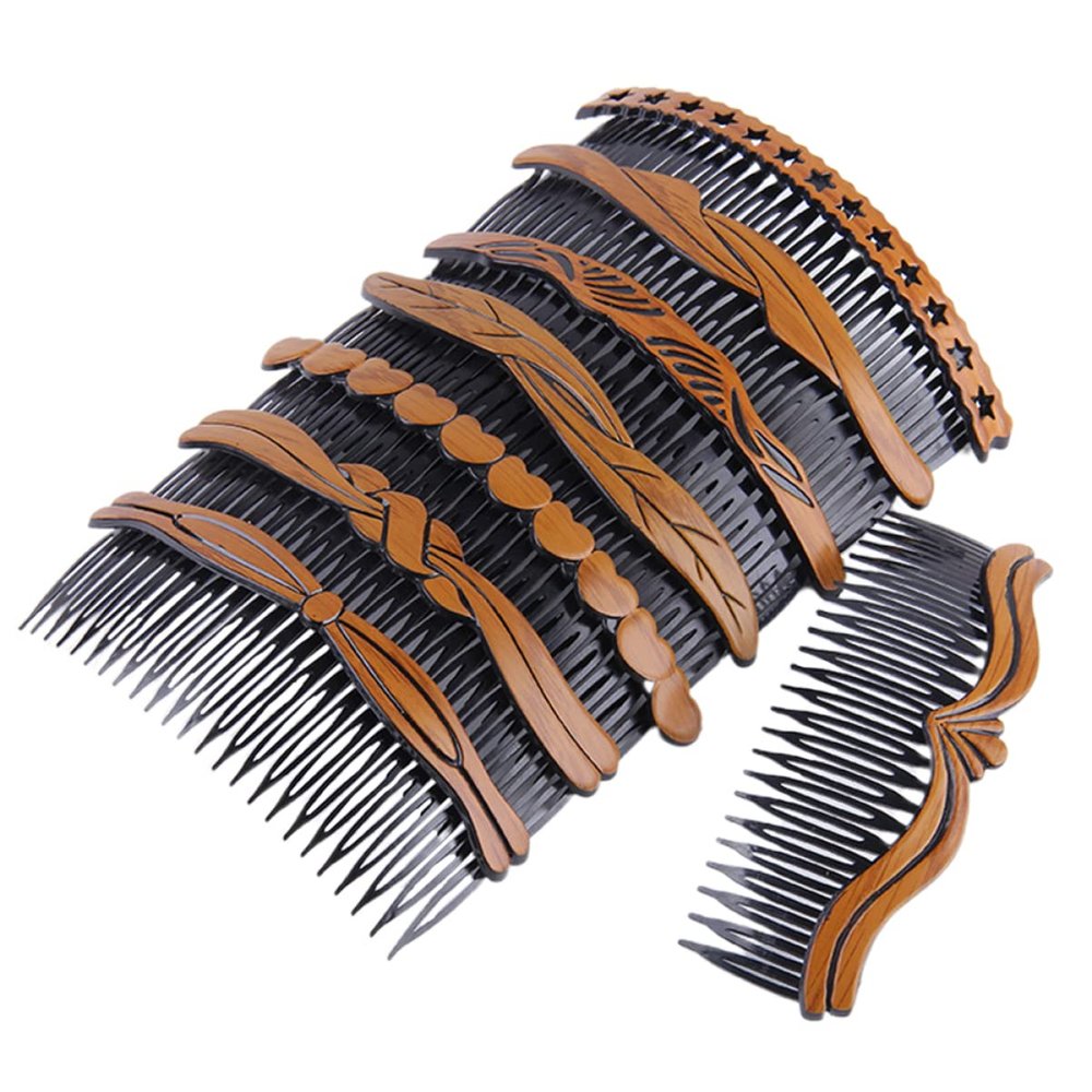 Lurrose 8pcs Wood Hairpins Comb Slip Size Inserted Plastic Insert Side for Bow Women Fork Clip Ladies Wire Teeth No Combs Styling Grain Pattern Leaf Girls French Accessories Star Heart