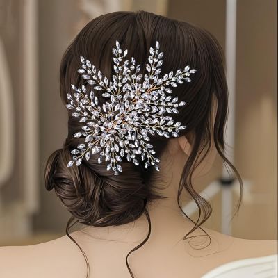 AMORARSI Wedding Rhinestone Hair Piece Leaf Bride Side Headpieces Crystal Hair Accessories for Brides and Bridesmaids