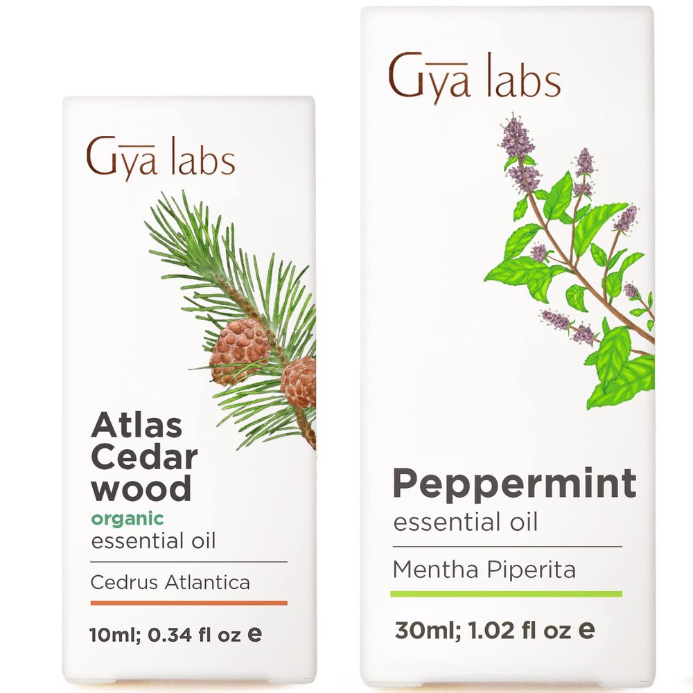 Organic Atlas Cedarwood Essential Oil for Hair (0.34 Fl Oz) & Peppermint Oil for Hair (1.02 Fl Oz) Set - Aromatherapy Grade Essential Oils Set - Gya Labs