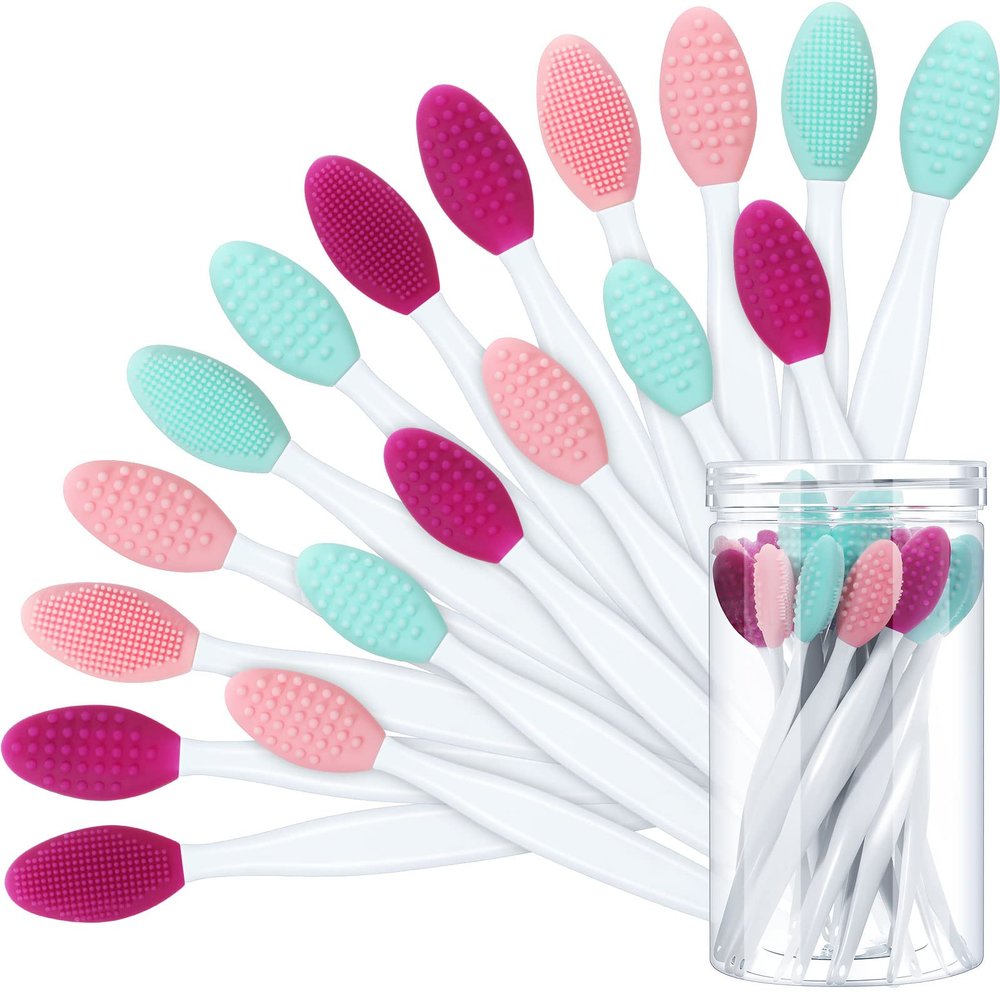 Patelai 24 Pcs Lip Scrub Brush Silicone Lip Scrubber Exfoliator with Container Double Sided Soft Cleansing Brush Tool for Men Women Lightening Dark Lips(Pink, Green, Purple)