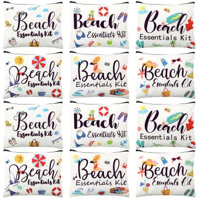 Chunful 12 Pcs Makeup Bag Summer Themes Cosmetic Bag Bulk Portable Essentials Kit Survival Kit Flamingo Palm Leaves Cosmetic Pouch with Zipper for Women Travel Accessories(Beach)