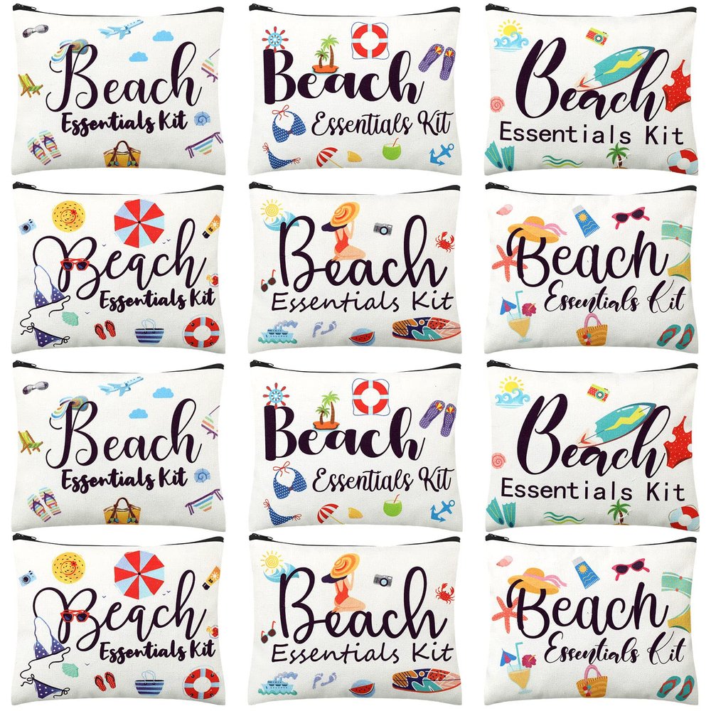 Chunful 12 Pcs Makeup Bag Summer Themes Cosmetic Bag Bulk Portable Essentials Kit Survival Kit Flamingo Palm Leaves Cosmetic Pouch with Zipper for Women Travel Accessories(Beach)