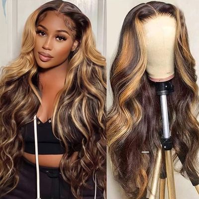 30 Inch Highlight Ombre Lace Front Wigs Human Hair Pre Plucked with Baby Hair 13x4 Body Wave Frontal Wigs Human Hair 180% Density 4/27 Colored Honey Blonde Lace Front Wig for Women 30 Inch