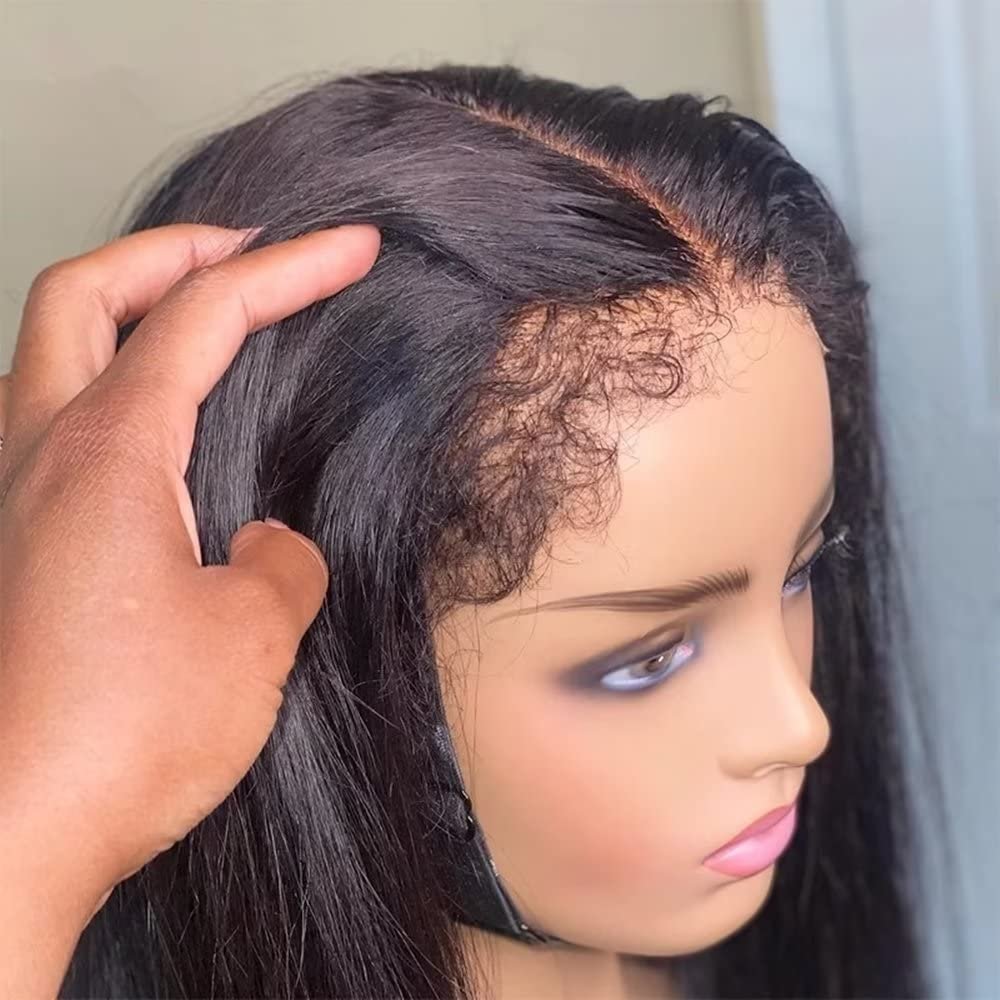 Jnymell Kinky Hairline 13X6 HD Lace Front Straight Wig Human Hair Pre Plucked Bleached Knots 150% Density HD Invisible Lace Front Wig with Curly Baby Hair for Woman Brazilian Remy Hair Wig 14Inch