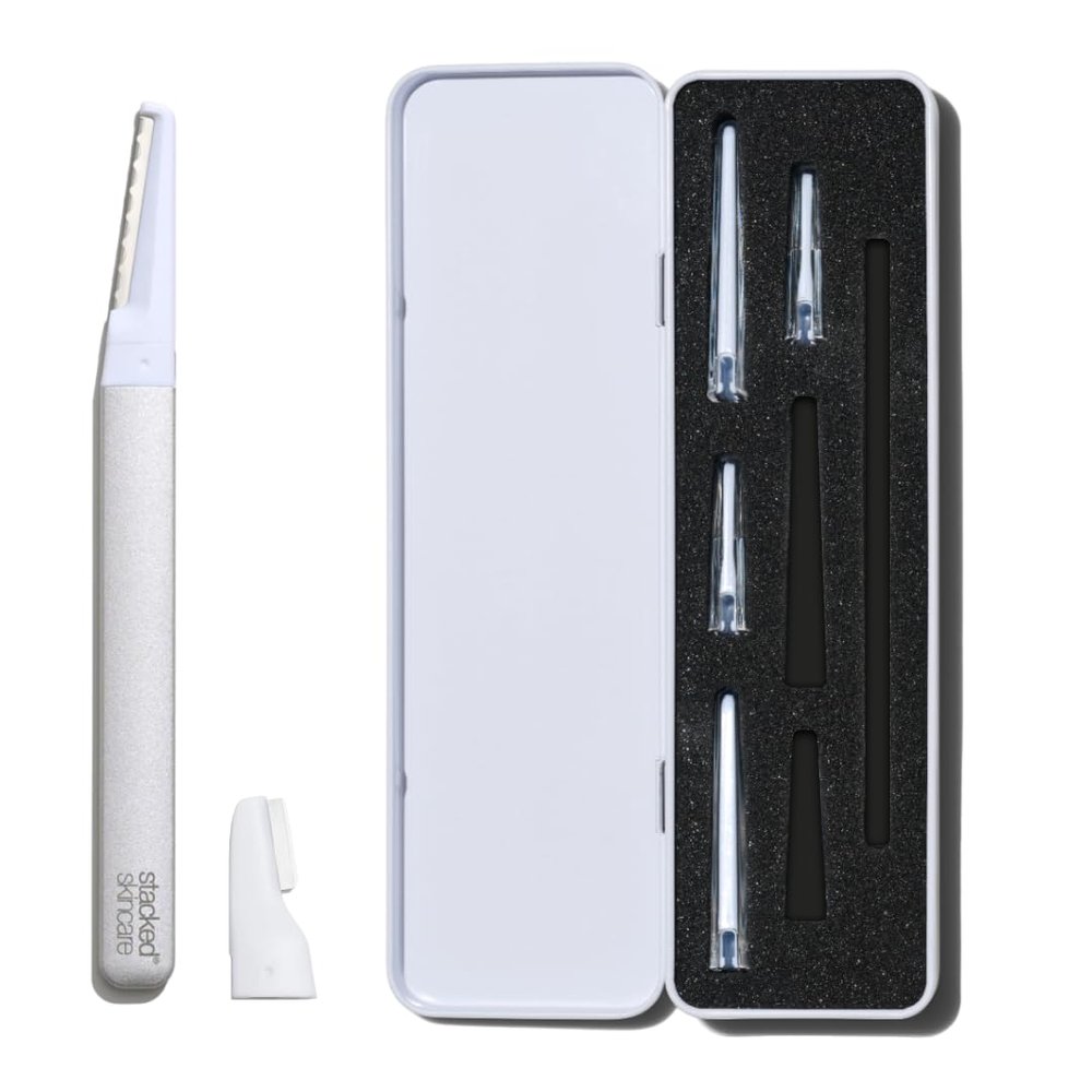 StackedSkincare Dermaplaning Kit for Face - At Home Dermaplaning Tool with Comfort Handle, 3 Replaceable Blades + 3 Precision Blades - Exfoliates, Removes Peach Fuzz, Softens Skin, 7 Count