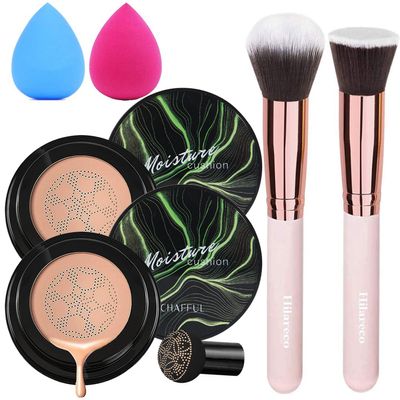 2 PCS Mushroom Head Air Cushion CC Cream Nature Foundation,Foundation Brush Powder Brush,Moisturizing Concealer, Bright Makeup Base Long Lasting with Mushroom Makeup Sponge(#04 Buff Beige)