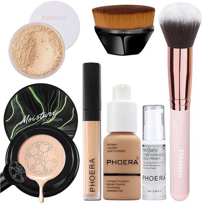 PHOERA Full Coverage Makeup Set - Mushroom Head Air Cushion CC Cream, Concealer, Primer, Powder & Foundation Brushes (105 Sand + 05 Sand CC)