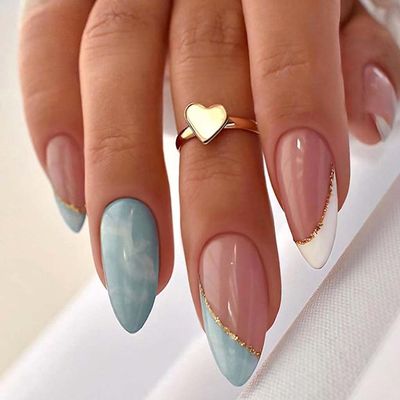 RikView French Tip White Press on Nails Medium Fake Nails Blue Almond Acrylic Nails 24 PCs/Set
