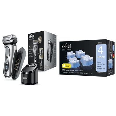 Braun Electric Razor for Men, Waterproof Foil Shaver, Series 9 Pro 9477cc, Wet & Dry Shave, with Portable Charging Case, ProLift Beard Trimmer with Clean & Renew Refill Cartridges, 4 Count, Pack of 1