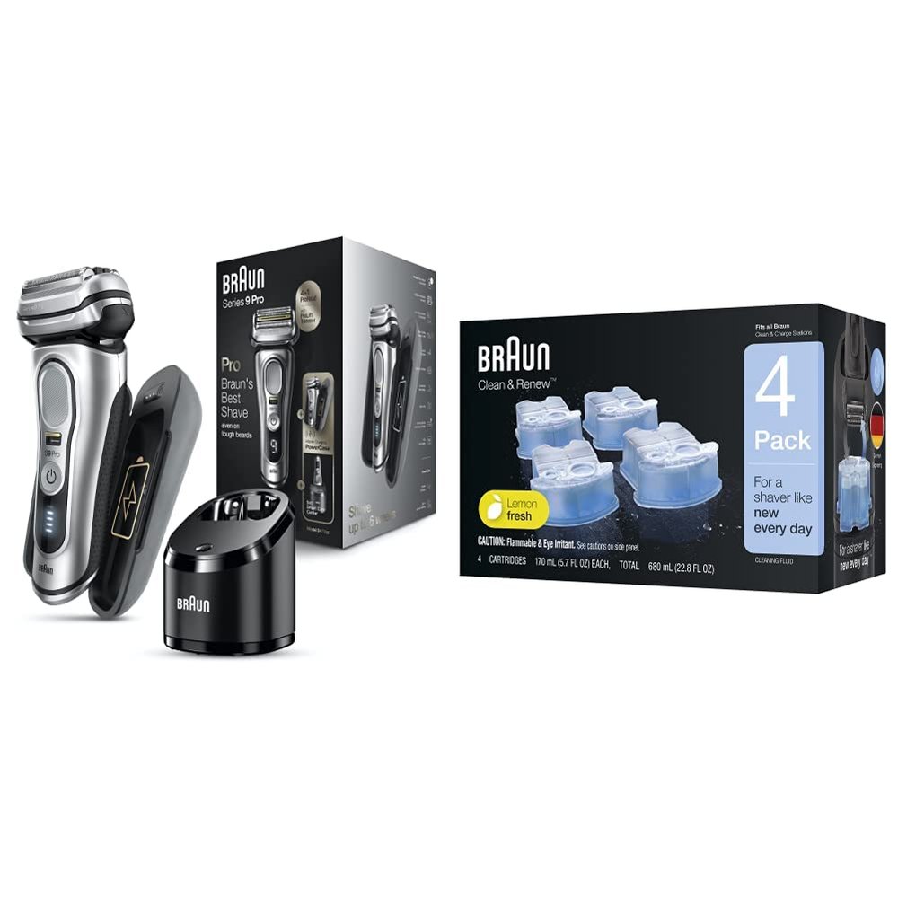 Braun Electric Razor for Men, Waterproof Foil Shaver, Series 9 Pro 9477cc, Wet & Dry Shave, with Portable Charging Case, ProLift Beard Trimmer with Clean & Renew Refill Cartridges, 4 Count, Pack of 1