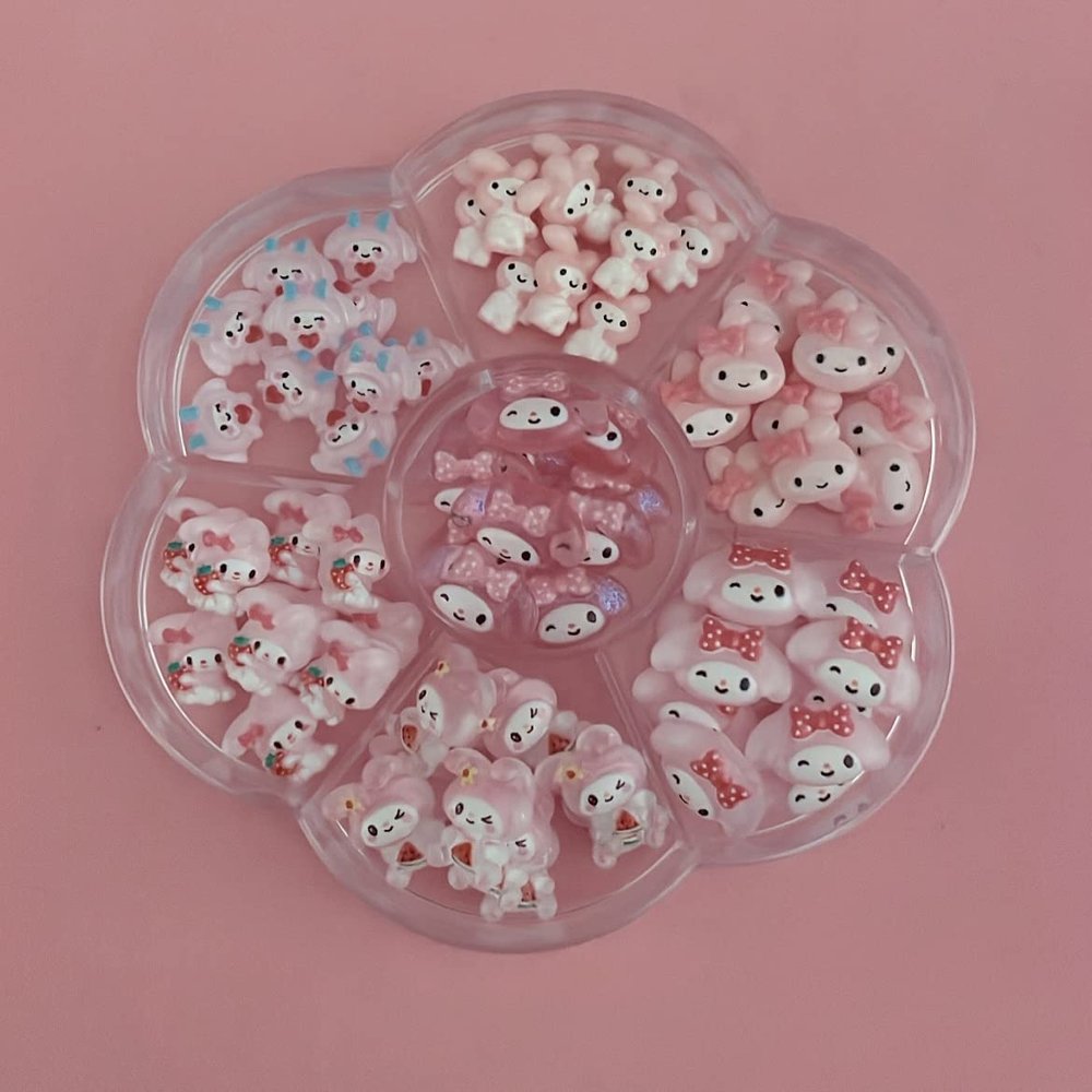 Cute Nail Charms Bundle set B includes 70pcs of charms with flower box storage (PinkA-70pcs)