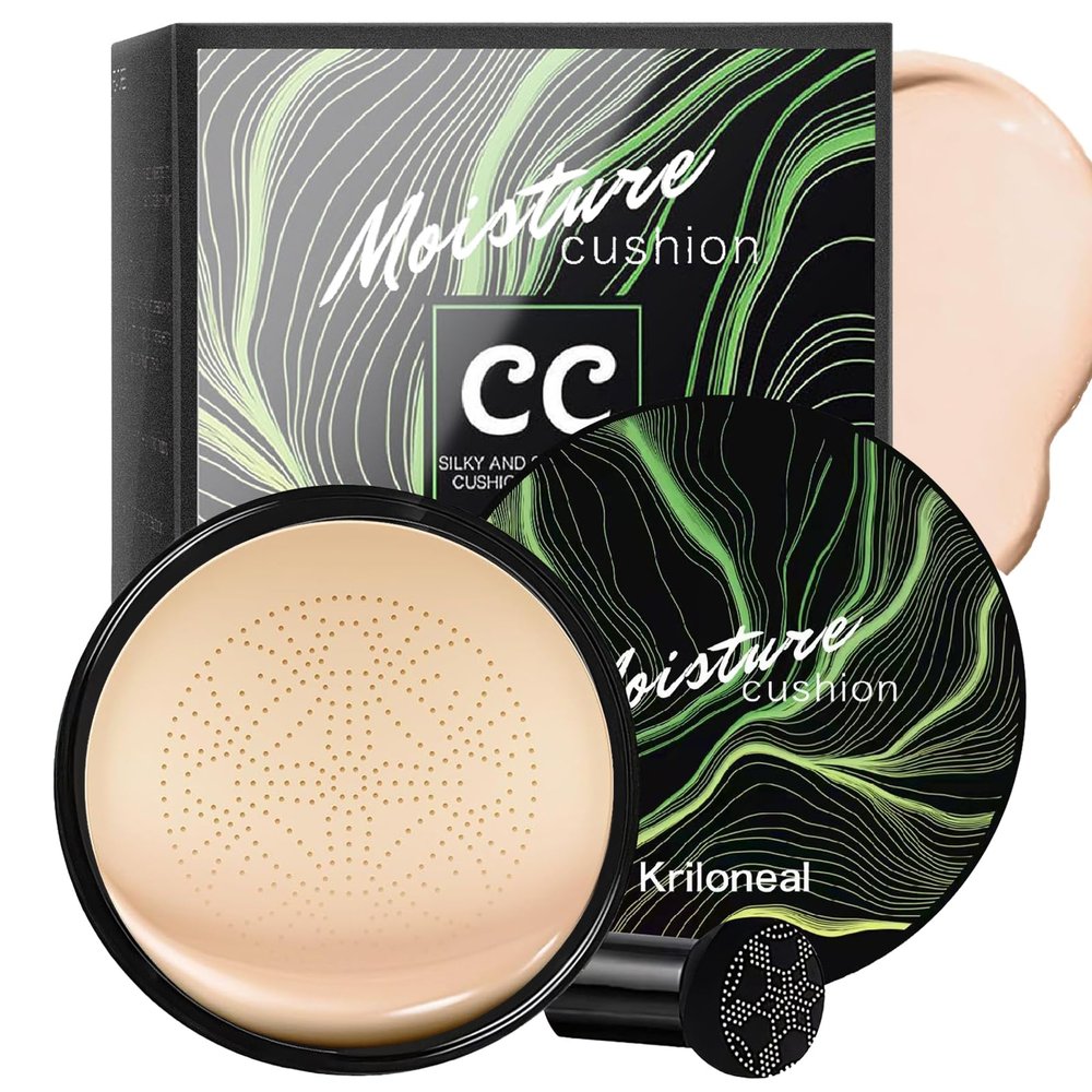Kriloneal CC Cream Foundation Mushroom Head Air Cushion Face Makeup Moisturizing Concealer Waterproof Oil Control Long-Lasting Nude Makeup Even Skin Tone for All Skin Types(Ivory White)