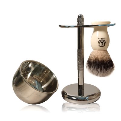 3 in1 Premium Shaving Brush Kit for Men Includes Vegan Badger Synthetic Hair Shaving Brush,Stainless Steel Shaving Soap Bowl,Heavy Safety Stand for Mens Gift (Ivory White)