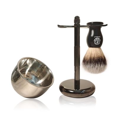3 in1 Premium Shaving Brush Kit for Men Includes Vegan Badger Synthetic Hair Shaving Brush,Stainless Steel Shaving Soap Bowl,Heavy Safety Stand for Mens Gift (Deluxe Black)