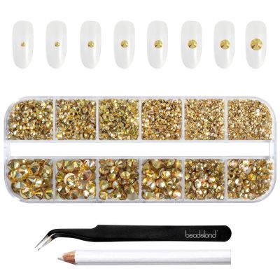 Beadsland Rhinestones for Makeup,8 Sizes 2500pcs Gold Flatback Rhinestones Face Gems for Nails Crafts with Tweezers and Wax Pencil,Metal Sunlight,SS4-SS30