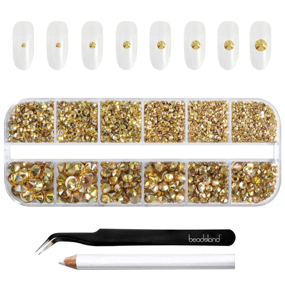 Beadsland Rhinestones for Makeup,8 Sizes 2500pcs Gold Flatback Rhinestones Face Gems for Nails Crafts with Tweezers and Wax Pencil,Metal Sunlight,SS4-SS30