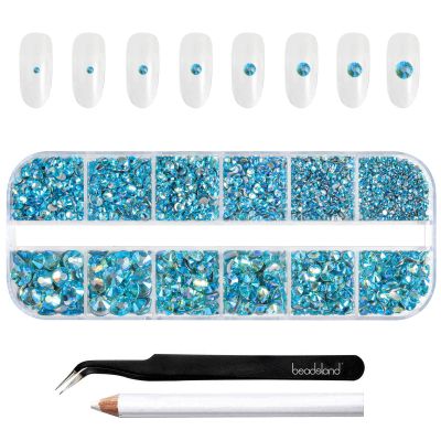 Beadsland Rhinestones for Makeup,8 Sizes 2500pcs Blue AB Flatback Rhinestones Face Gems for Nails Crafts with Tweezers and Wax Pencil,Aquamarine AB,SS4-SS30