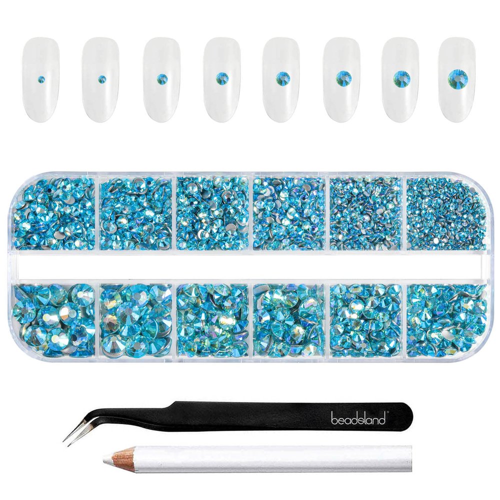 Beadsland Rhinestones for Makeup,8 Sizes 2500pcs Blue AB Flatback Rhinestones Face Gems for Nails Crafts with Tweezers and Wax Pencil,Aquamarine AB,SS4-SS30