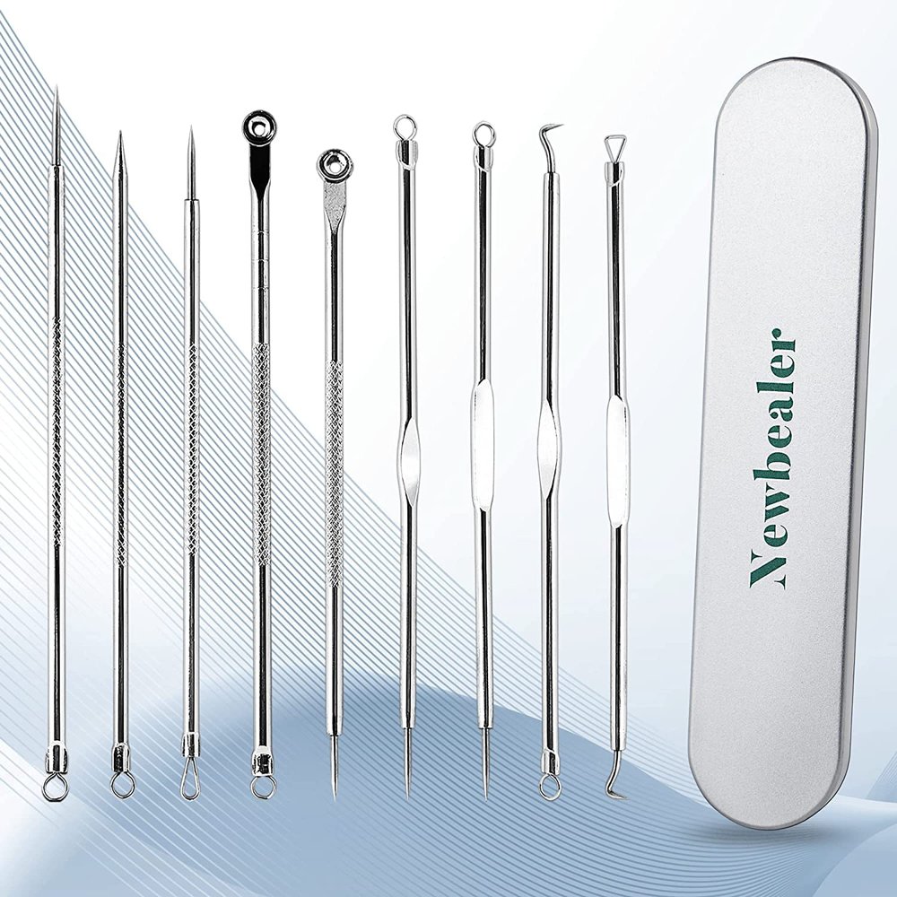 Newbealer 9-Piece Nose Face Acne Removal Tool, Acne Removal Set, Whiteheads, Blackhead Remover, with Metal Case