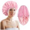 Adjustable Shower Caps for Women Reusable Waterproof Satin Lining Large Shower Cap for Women and Men Long Hair Braids Curly Hair (L,Pink/Pink) view 1