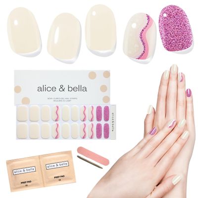 ALICE & BELLA Valentine's Day Semi Cured Gel Nail Strips-20 PCS Pink Heart Pattern Gel Stickers, Use with UV Light Lamp, Salon Quality Manicure Wraps (Pink Swirl Hearts)
