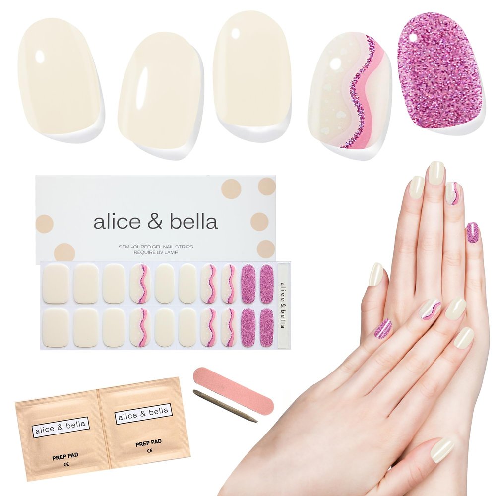 ALICE & BELLA Valentine's Day Semi Cured Gel Nail Strips-20 PCS Pink Heart Pattern Gel Stickers, Use with UV Light Lamp, Salon Quality Manicure Wraps (Pink Swirl Hearts)