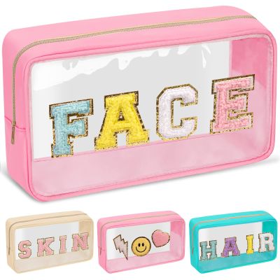 Chenille Letter Clear Makeup Bags Face Pouch, Preppy Patch Makeup Bag with Zipper, Transparent PVC & Nylon Waterproof Portable Glitter Cosmetic Bag Travel Toiletry Storage for Women Girl(FACE-Pink)
