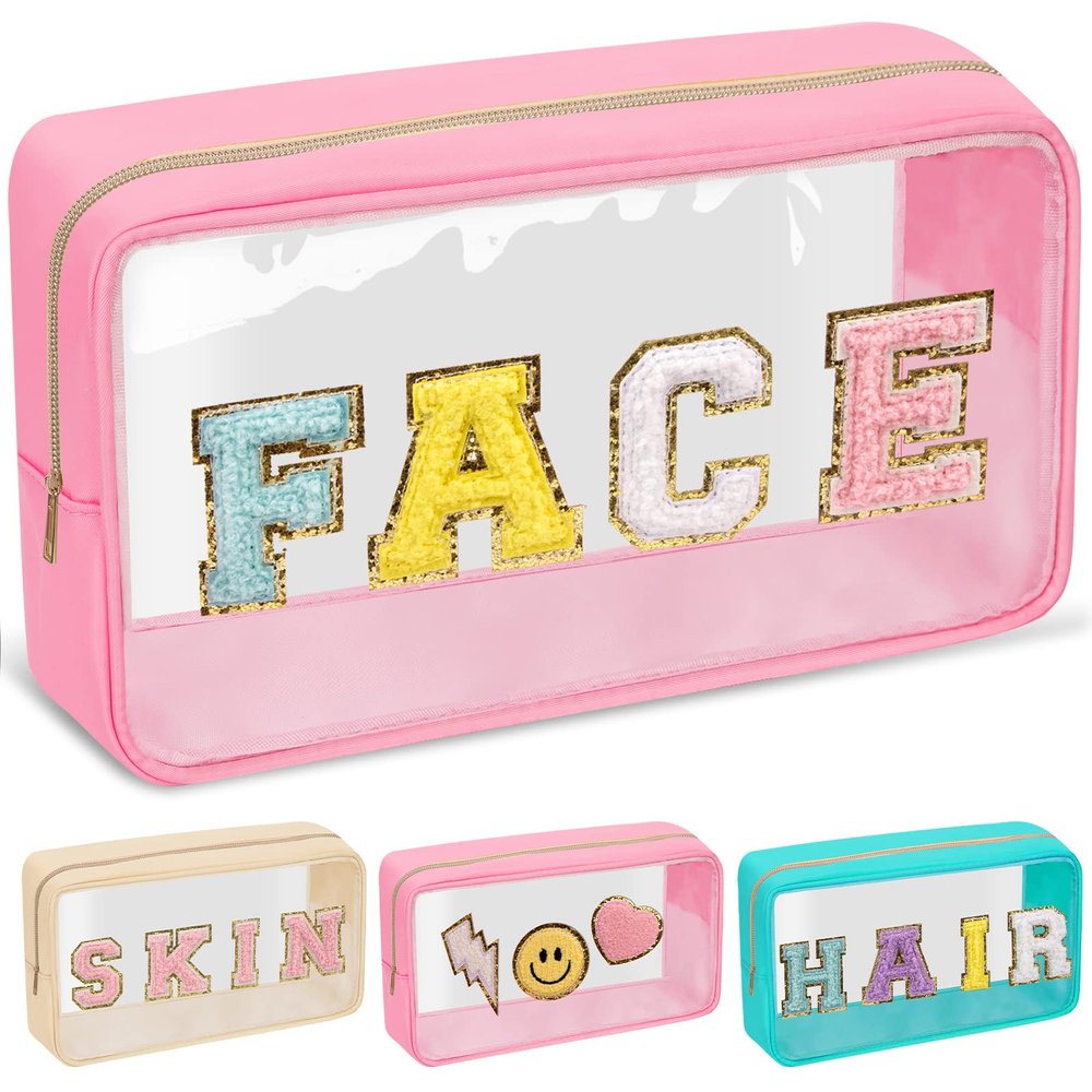 Chenille Letter Clear Makeup Bags Face Pouch, Preppy Patch Makeup Bag with Zipper, Transparent PVC & Nylon Waterproof Portable Glitter Cosmetic Bag Travel Toiletry Storage for Women Girl(FACE-Pink)