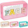 Chenille Letter Clear Makeup Bags Face Pouch, Preppy Patch Makeup Bag with Zipper, Transparent PVC & Nylon Waterproof Portable Glitter Cosmetic Bag Travel Toiletry Storage for Women Girl(FACE-Pink) view 1