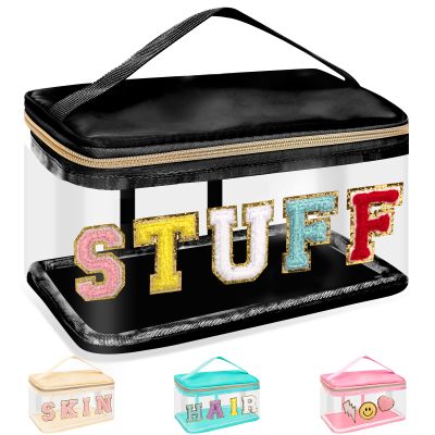 Chenille Letter Clear Makeup Bags Stuff Pouch, Preppy Patch Makeup Bag Zipper with Handle, Transparent PVC & Nylon Waterproof Glitter Cosmetic Handbag Travel Toiletry Storage for Women(STUFF-Black)
