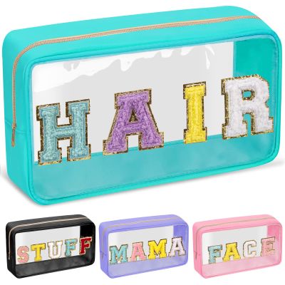 Chenille Letter Clear Makeup Bags Hair Pouch, Preppy Patch Makeup Bag with Zipper, Transparent PVC & Nylon Waterproof Portable Glitter Cosmetic Bag Travel Toiletry Storage for Women Girl(HAIR-Green)