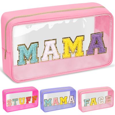 Chenille Letter Clear Makeup Bags Mama Pouch, Preppy Patch Makeup Bag with Zipper, Transparent PVC & Nylon Waterproof Portable Glitter Cosmetic Bag Travel Toiletry Storage for Women Girl(MAMA-Pink)