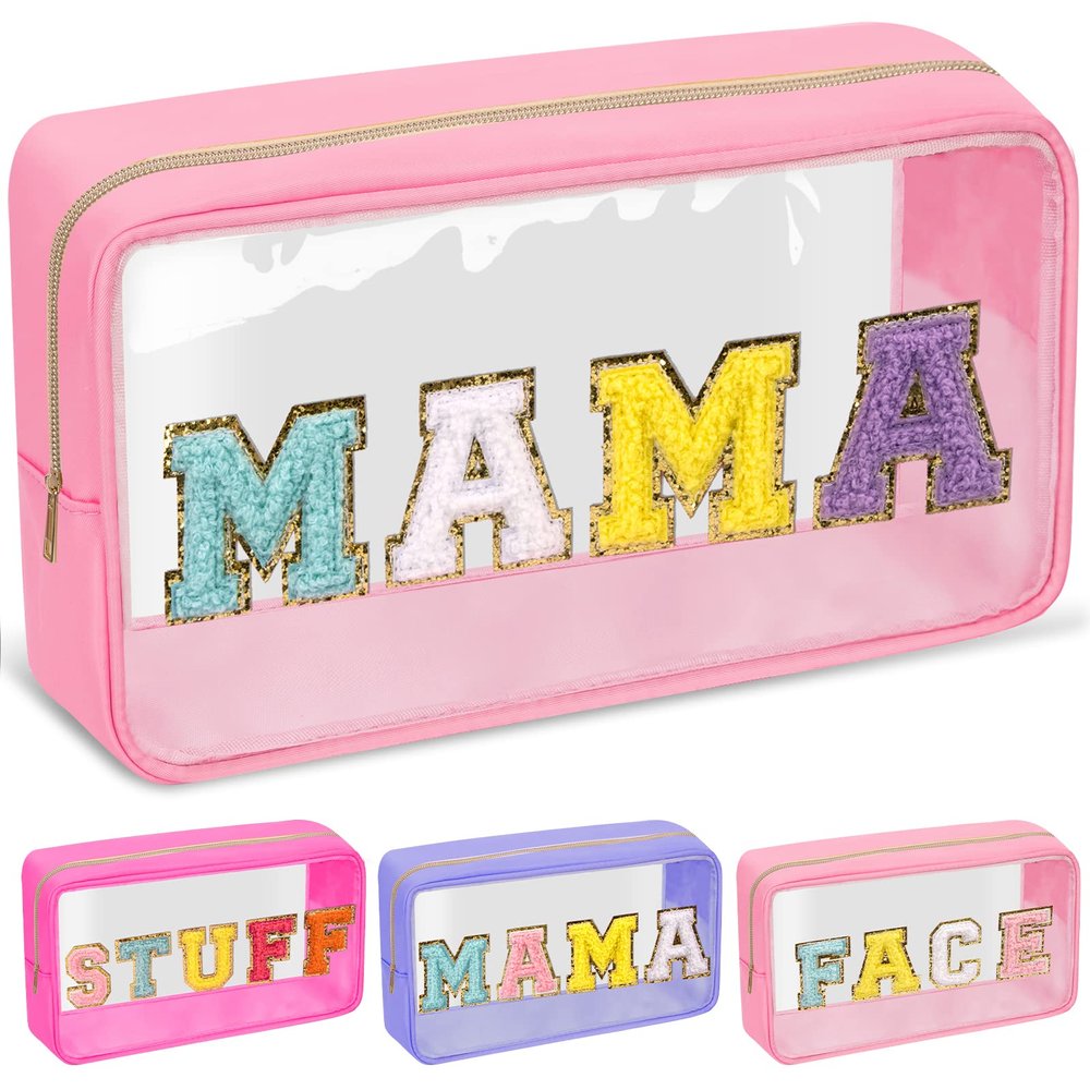 Chenille Letter Clear Makeup Bags Mama Pouch, Preppy Patch Makeup Bag with Zipper, Transparent PVC & Nylon Waterproof Portable Glitter Cosmetic Bag Travel Toiletry Storage for Women Girl(MAMA-Pink)